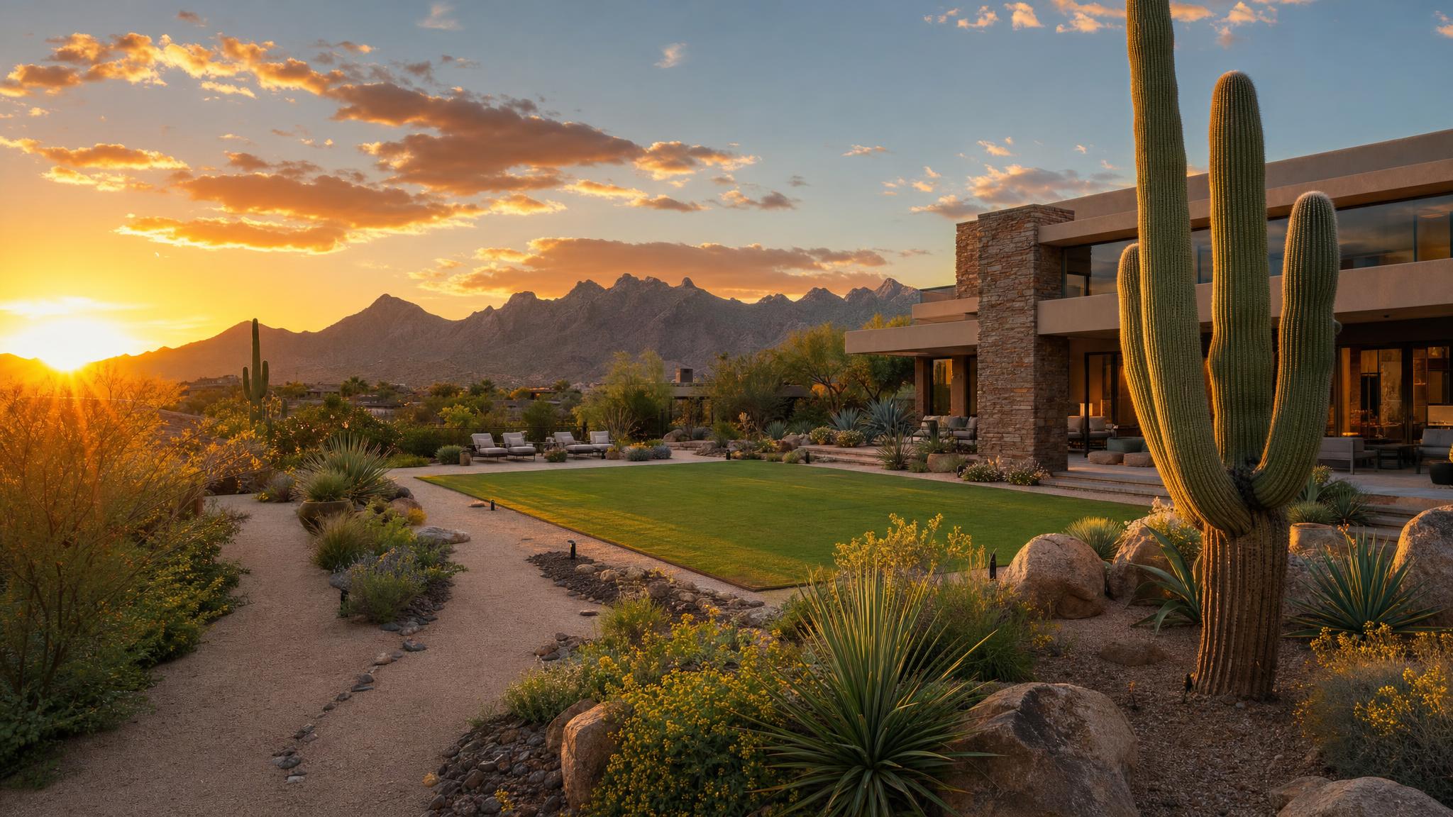 Luxury desert landscaping at a North Scottsdale home at golden hour with saguaro cacti and McDowell Mountains in background